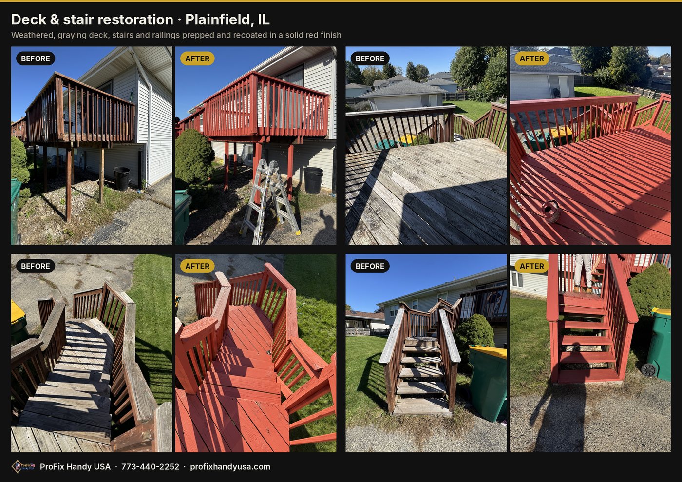 Deck and stair restoration before and after in Plainfield, IL by ProFix Handy USA